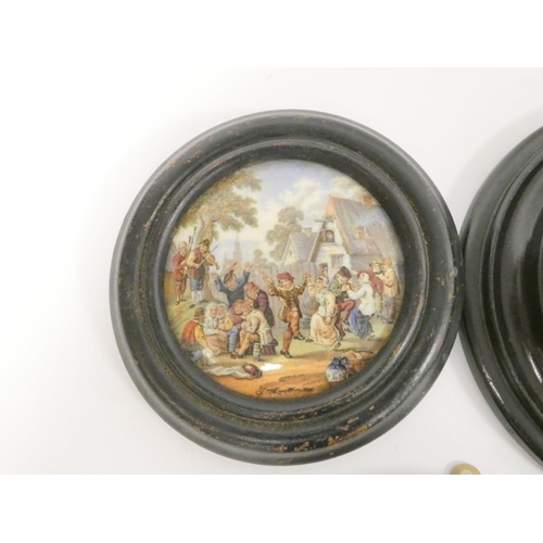 196 - Group of framed Victorian pot lids with printed scenes, to include an example with Garibaldi holding... 