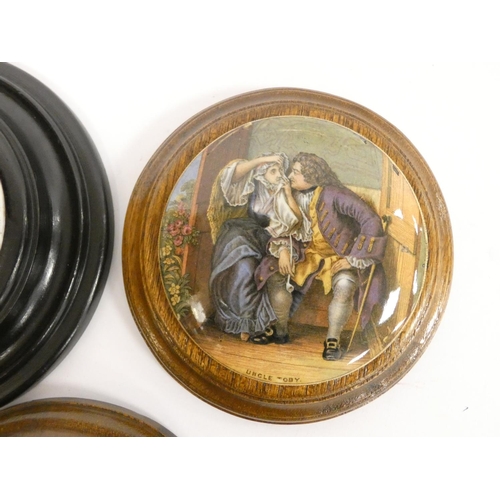 196 - Group of framed Victorian pot lids with printed scenes, to include an example with Garibaldi holding... 