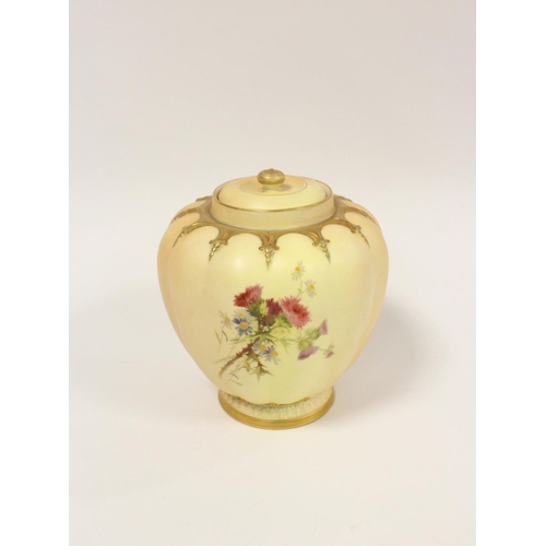 207 - Royal Worcester blush ivory covered vase, of lobed form painted with flowers, purple printed marks t... 