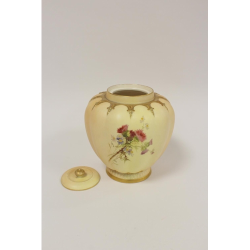 207 - Royal Worcester blush ivory covered vase, of lobed form painted with flowers, purple printed marks t... 