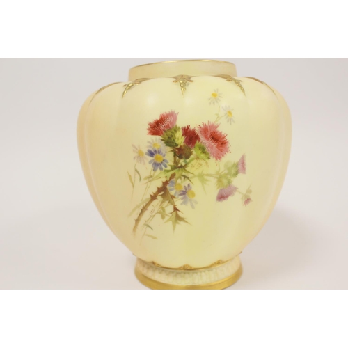 207 - Royal Worcester blush ivory covered vase, of lobed form painted with flowers, purple printed marks t... 