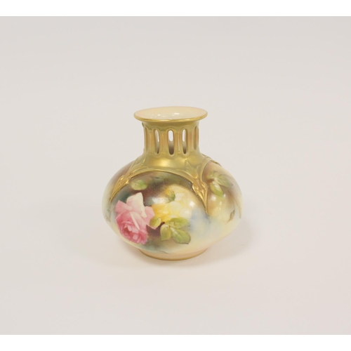 209 - Royal Worcester globular vase, with pierced neck painted with roses, in relief with tendrils, printe... 