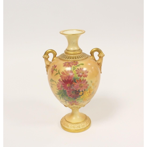 212 - Royal Worcester blush ivory twin handled pedestal vase decorated with hand painted carnations, patte... 