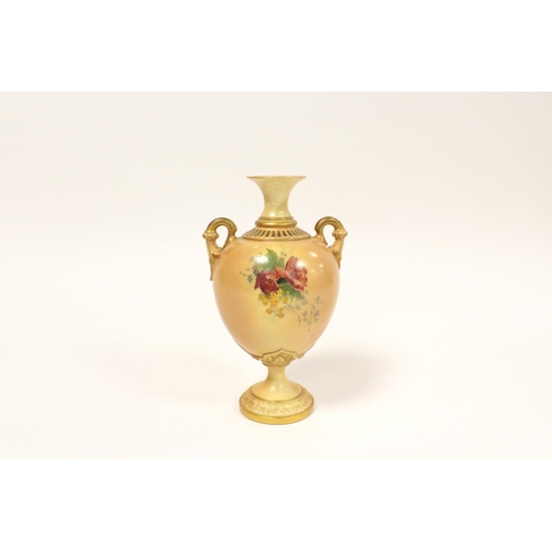 212 - Royal Worcester blush ivory twin handled pedestal vase decorated with hand painted carnations, patte... 