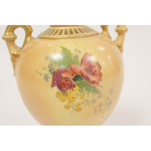 212 - Royal Worcester blush ivory twin handled pedestal vase decorated with hand painted carnations, patte... 