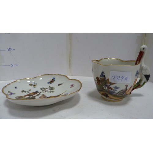 Continental Meissenstyle cup and saucer, the handle of the cup