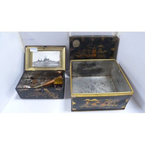 409A - Two Japanese tin boxes containing two Chinese patch boxes, bugle and miscellaneous coinage.