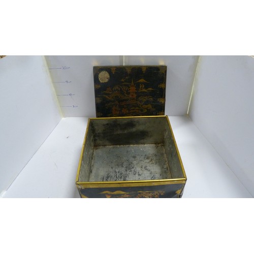 409A - Two Japanese tin boxes containing two Chinese patch boxes, bugle and miscellaneous coinage.