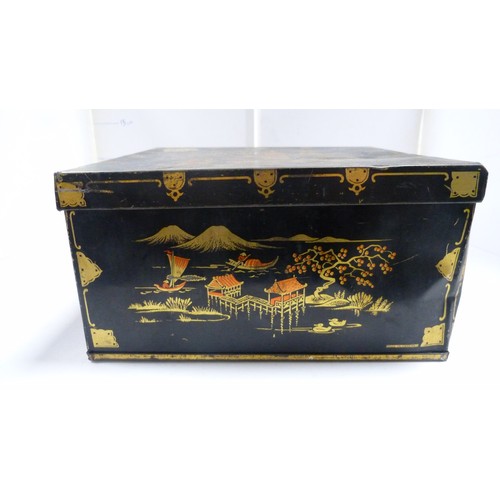 Two Japanese tin boxes containing two Chinese patch boxes, bugle and