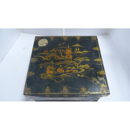 Two Japanese tin boxes containing two Chinese patch boxes, bugle and