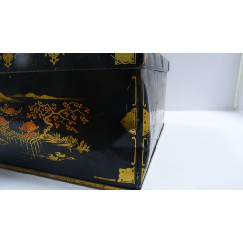 Two Japanese tin boxes containing two Chinese patch boxes, bugle and