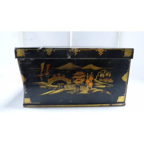 409A - Two Japanese tin boxes containing two Chinese patch boxes, bugle and miscellaneous coinage.