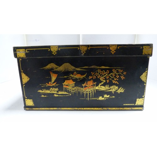 409A - Two Japanese tin boxes containing two Chinese patch boxes, bugle and miscellaneous coinage.