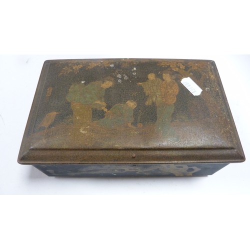 409A - Two Japanese tin boxes containing two Chinese patch boxes, bugle and miscellaneous coinage.