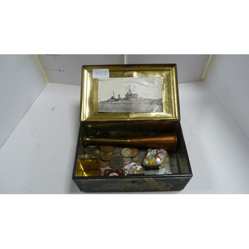 409A - Two Japanese tin boxes containing two Chinese patch boxes, bugle and miscellaneous coinage.