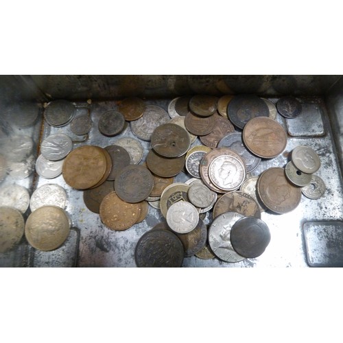 409A - Two Japanese tin boxes containing two Chinese patch boxes, bugle and miscellaneous coinage.