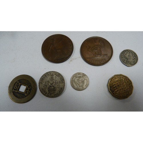 409A - Two Japanese tin boxes containing two Chinese patch boxes, bugle and miscellaneous coinage.