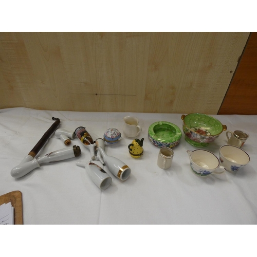 340 - Small box of various to include porcelain pipe, Maling ware, Goss etc.