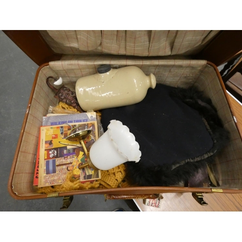 348 - Vintage brown suitcase and contents.