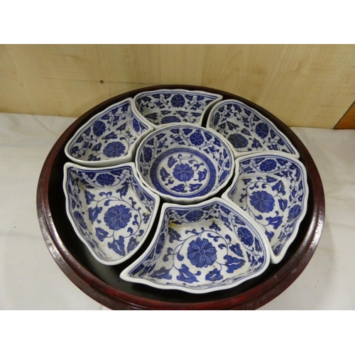 363 - Oriental lazy Susan covered dish with pottery segmented dishes.