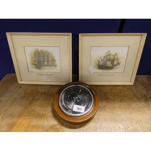 382 - Two prints Last and First ship built in Leith 1511- 1921 and wall barometer.