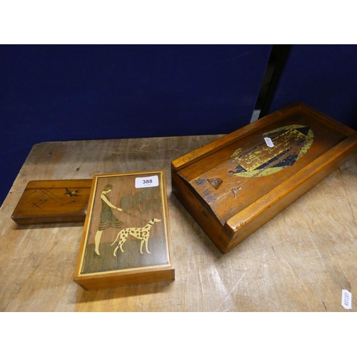 388 - Three Art Deco treen boxes to include Parquetry box depicting a lady walking a dog.