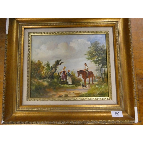 390 - Lois Jennings Pastoral scene with horseman and figuresOil on canvas.