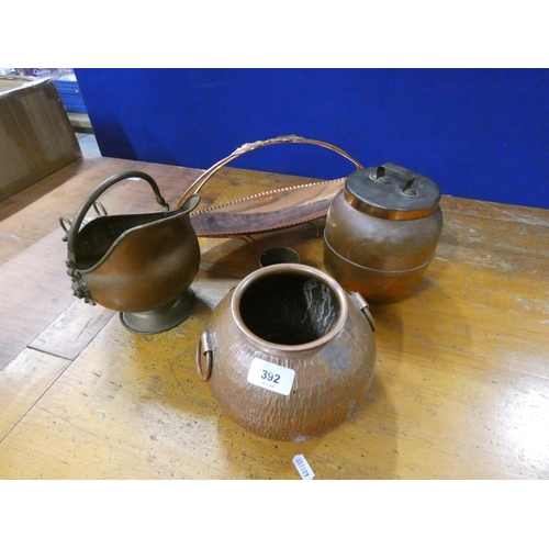 392 - Copper coal scuttle, copper lidded vessel, twin handled vase etc.