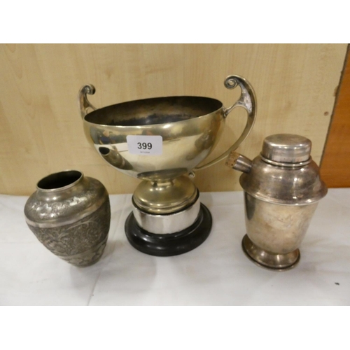 399 - Indian white metal vase, EPNS trophy with silver collar to base, and a cocktail shaker.