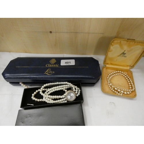 401 - Three vintage faux pearl necklaces and bracelets.