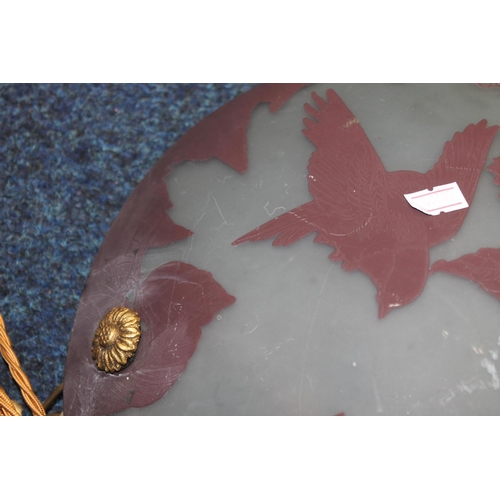 309 - Cameo glass shade decorated with birds and leaves and signature to the front 'Degue'