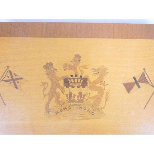 258 - 20th century wooden cigar box the top bearing the coat of arms of Hong Kong flanked by two crossed m... 