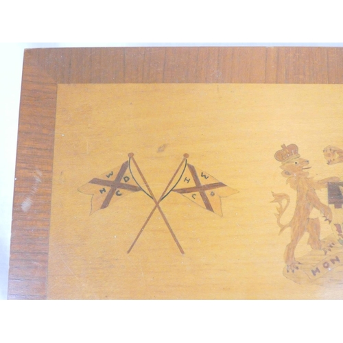 258 - 20th century wooden cigar box the top bearing the coat of arms of Hong Kong flanked by two crossed m... 