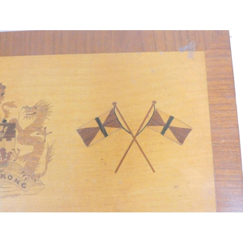 258 - 20th century wooden cigar box the top bearing the coat of arms of Hong Kong flanked by two crossed m... 