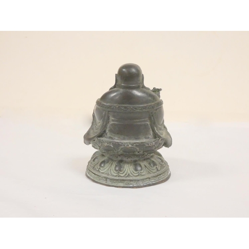 259 - 19th century Chinese Budai, or laughing Buddha, bronze figure seated upon a lotus flower grasping a ... 