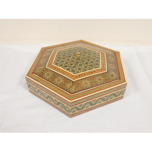 261 - 20th century Indo-Persian Khatam hexagonal inlaid storage box, along with two Russian painted laquer... 