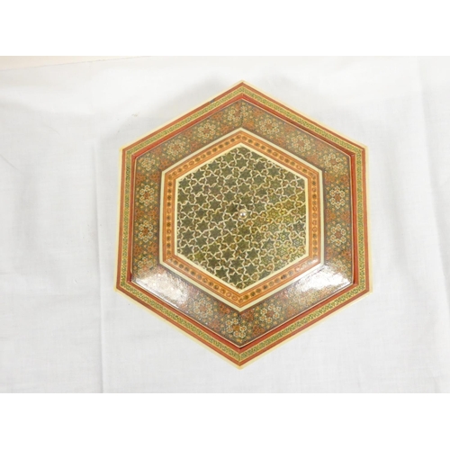 261 - 20th century Indo-Persian Khatam hexagonal inlaid storage box, along with two Russian painted laquer... 