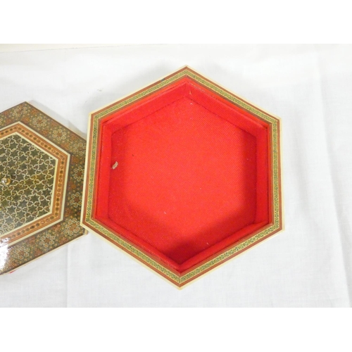 261 - 20th century Indo-Persian Khatam hexagonal inlaid storage box, along with two Russian painted laquer... 