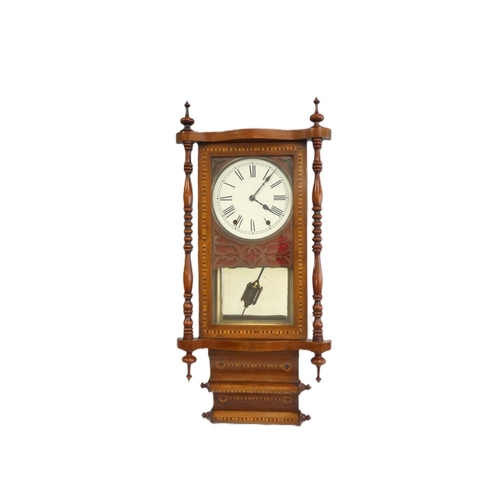 136 - 19th century American wall clock in mahogany and rosewood case with turned surmounts and boxwood and... 