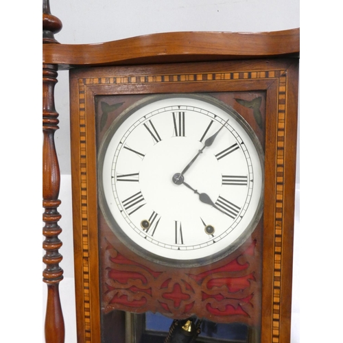 136 - 19th century American wall clock in mahogany and rosewood case with turned surmounts and boxwood and... 