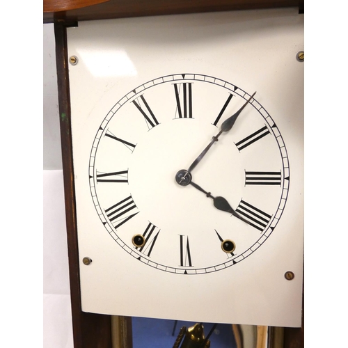 136 - 19th century American wall clock in mahogany and rosewood case with turned surmounts and boxwood and... 