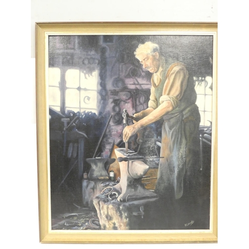 340 - Robert E Brindley RSMA (b1949)Blacksmith character study. Title verso ''The Smithy (Lichfield)''Oil ... 