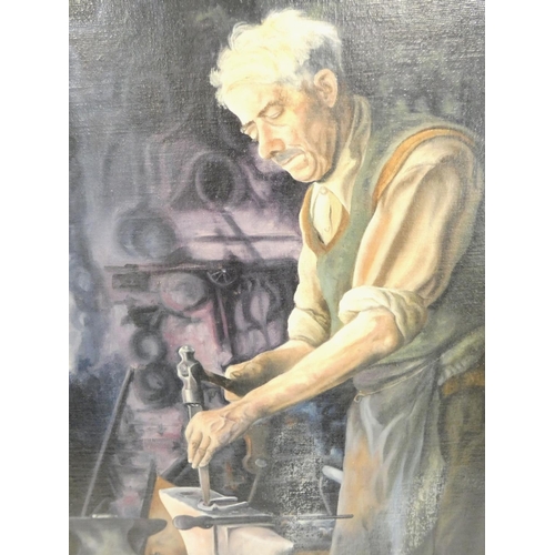 340 - Robert E Brindley RSMA (b1949)Blacksmith character study. Title verso ''The Smithy (Lichfield)''Oil ... 