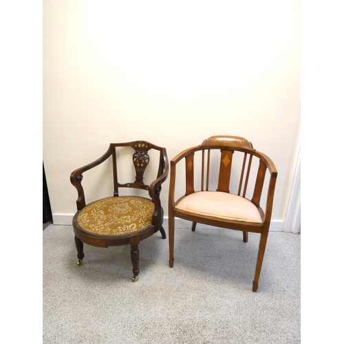 441 - Edwardian upholstered mahogany tub chair with scrolled floral backrest decorated with lion masks and... 