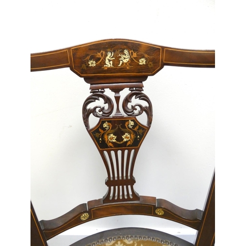 441 - Edwardian upholstered mahogany tub chair with scrolled floral backrest decorated with lion masks and... 