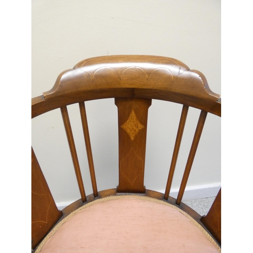 441 - Edwardian upholstered mahogany tub chair with scrolled floral backrest decorated with lion masks and... 