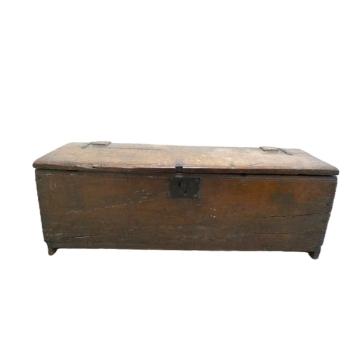 442 - Early 17th century oak sword chest of typical form having wrought iron hinges (with later leather re... 