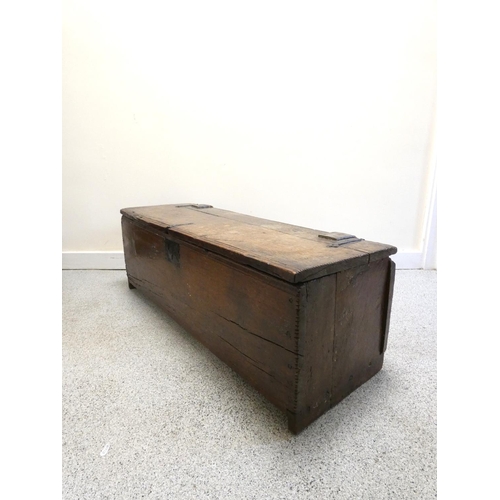 442 - Early 17th century oak sword chest of typical form having wrought iron hinges (with later leather re... 