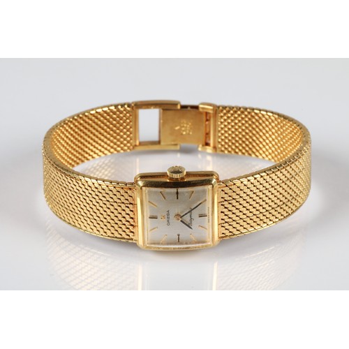 114A - Ladies Omega Ladymatic 18ct yellow gold wristwatch, square dial with hour marker batons on an 18ct y... 