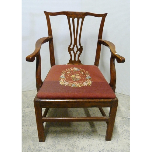 548 - George III fruitwood carver armchair, with pierced splat, scroll armrests, later floral upholstered ... 